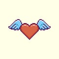 Simple flat pixel art illustration of cartoon winged red heart