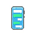 Simple flat pixel art illustration of modern smartphone with messager text boxes on display