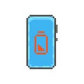 Simple flat pixel art illustration of modern smartphone with a red fully discharged battery icon on the display