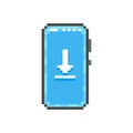 Simple flat pixel art illustration of modern smartphone with white file download sign on the screen