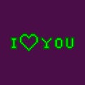 Simple flat pixel art illustration of neon green glowing inscription i love you with heart shape