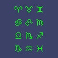 Simple flat pixel art illustration of set of neon green zodiac signs icons