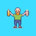 Simple flat pixel art illustration of smiling bald guy with a French hot dog and a pack of popcorn in his hands