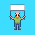 Simple flat pixel art illustration of smiling bald guy with a white blank poster in his hands