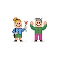 Simple flat pixel art illustration of smiling girl giving a flower to a joyful guy