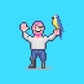 Simple flat pixel art illustration of smiling pirate with a wooden leg and a parrot in his hand