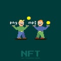 Simple flat pixel art illustration of two cartoon funny guys exchanging gold coins and image and music file formats