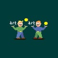 Simple flat pixel art illustration of two cartoon smiling crypto guys exchanging art for coins or tokens