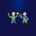 Simple flat pixel art illustration of two smiling guys. one boy has a heart and a coin in his hands, and another boy is h