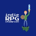 Simple flat pixel art illustration of young guy holding a sword and shield in his hands and with text indie rpg champion