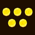 Simple flat pixel art vector set of golden coins with symbols of world currencies yen, yuan, renminbi, euro, dollar, poun