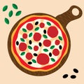 Simple flat pizza icon, cheeze, basil, olives and tomatoes, vector illustration Royalty Free Stock Photo