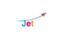 Colorful word JET with paper plane flying trough