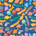 Simple flat style fish seamless pattern, vector illustration. Background with abstract colorful sea creatures, aquarium Royalty Free Stock Photo