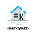 Simple flat vector icon with house destroyed by earthquake and text. Dangerous catastrophe. Natural disaster Royalty Free Stock Photo