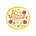 Simple flat vector colorful pizza with vegetables and sausage for pizzeria business logo design. Fast food baked goods