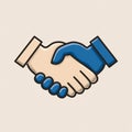 Simple flat vector handshake illustration, blue hand with skin tone, symbolizing straightforward agreement. Royalty Free Stock Photo