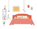 Simple flat vector illustration of a bedroom with a double bed, a shelf with things, a table and potted plants and three hanging