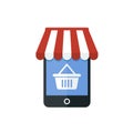 A simple flat vector illustration from an online store with a store front view on an HP