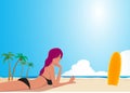 Simple flat vector illustration of surfer girl walking on the beach. Summer vacation. Water sports. Lifestyle