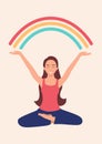 Woman doing yoga pose and raising her arms to the rainbow