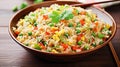 Green pea and egg fried rice, flavorful simplicity.AI Generated