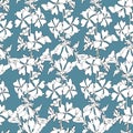 Simple floral background with white flowers on a blue background. Drawn floral textures. Blue ornament to decorate fabrics, tiles