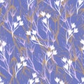 Simple floral background with white flowers on a purple background. Drawn floral textures. Seamless ornament for the decoration of Royalty Free Stock Photo