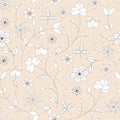 Simple floral pattern of white flowers on a beige background. Stylized vector print, folk Slavic ornament