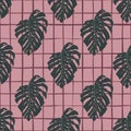 Simple floral seamless doodle pattern with green monstera ornament. Pink chequered background Royalty Free Stock Photo