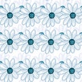 Simple floral seamless pattern with blue contoured daisy flowers print. White background. Hand drawn style Royalty Free Stock Photo