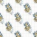 Simple floral seamless pattern with blue and orange colors forest bouquet. White background with check Royalty Free Stock Photo