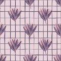 Simple floral seamless pattern with tulip buds. Purple flower ornament on grey background with check Royalty Free Stock Photo