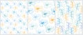 Simple Floral Seamless Vector Patterns Set. Blue and Yellow Hand Drawn Flowers and Twigs. Royalty Free Stock Photo