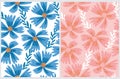 Simple Floral Seamless Vector Patterns Set with Blueand Pink Flowers. Royalty Free Stock Photo