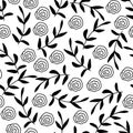 Simple floral vector seamless pattern. Black contour of twigs, rose flowers on a white background. For prints of fabrics, textile Royalty Free Stock Photo