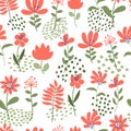 Simple flower pattern. Seamless cute floral and dots background. Vector illustration. Template for fashion prints.