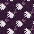 Simple flower silhouette seamless doodle pattern. Chamomile white ornament on dark purple background with dots