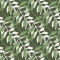 Simple foliage elements seamless hand drawn pattern. Green and white leaves branches on dark khaki background Royalty Free Stock Photo