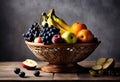 A simple fruit bowl with a variety of seasonal fruits such as apples, oranges, bananas, grapes, and pears.