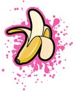 Simple funky peeled banana with pink splash, vector illustration