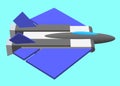 A simple futuristic three dimensional model image of a fighter jet plane with indigo blue wings light dark grey chassis and sky bl