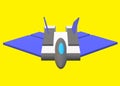 A simple futuristic three dimensional model image of a fighter jet plane with indigo blue wings light dark grey chassis and sky bl
