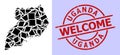 Simple Geometric Mosaic Map of Uganda with Round Distress Welcome Stamp