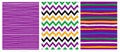 Simple Geometric Vector Patterns with Stripes on a Violet Background and Colorful Chervron on a White. Royalty Free Stock Photo