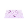 Simple GPS icon and route on city map with path and two pins isolated on white background