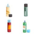 Simple gradient hair spray fixation icons set. Closed with transparent cap and opened different colors bottles. Hair care and st