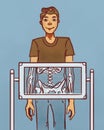 Simple graphic cartoon illustration of a man getting an x-ray of his abdomen - digital drawing