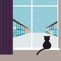 Simple graphic illustration with black cat sitting on the window and watching on the snowing city street