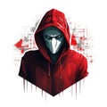 Simple graphic logo of hacker in hood on white background.